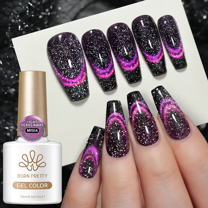 BORN PRETTY Esmalte de Uñas Magnético Cat Eye Púrpura Reflectante 10ml, Gel Doble Luz Removible, Suministros para Uñas