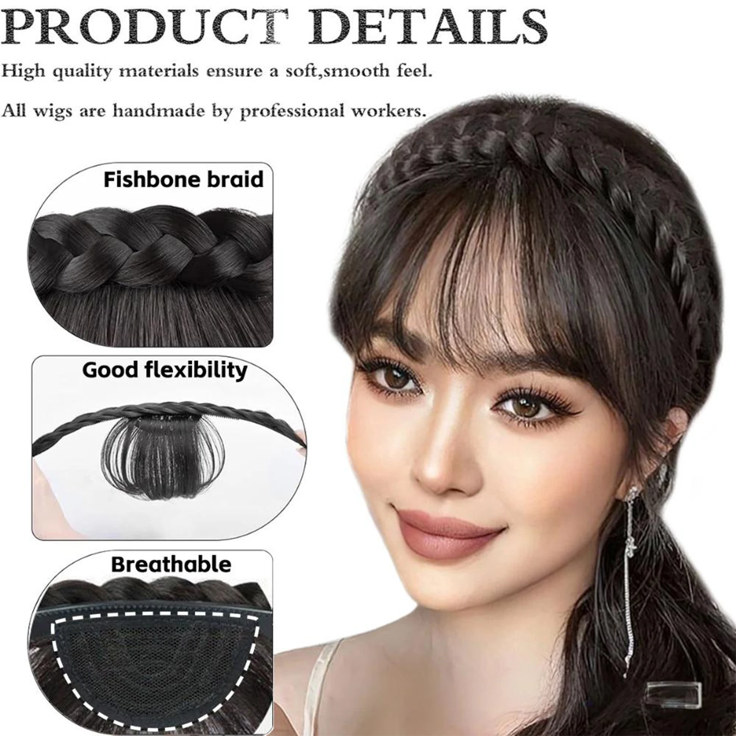 Grzywka z plecioną opaską do włosów, syntetyczne doczepy na klips, eleganckie do codziennego użytku.