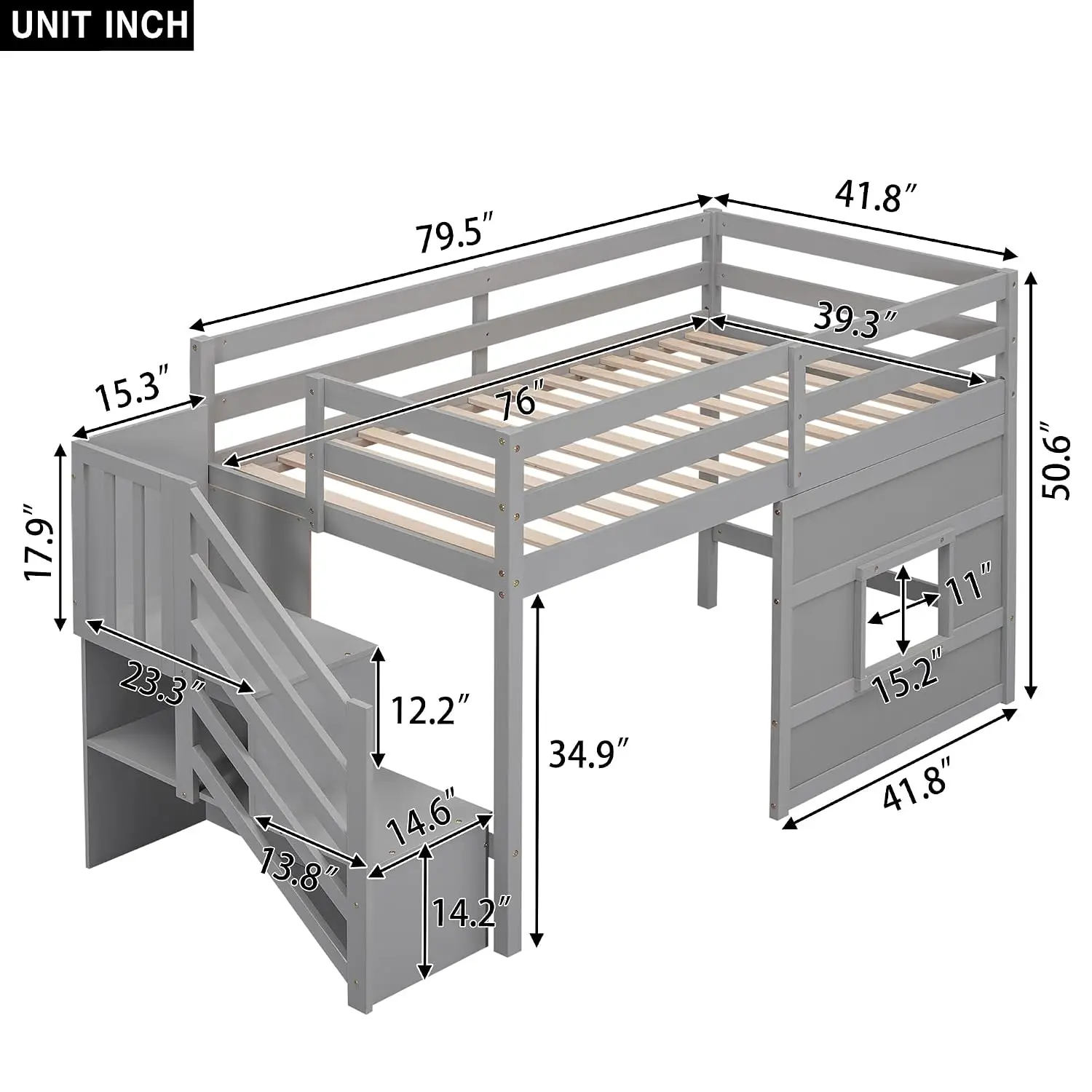 Low Loft Bed with Stairs,Twin Kids Loft Bed Frame with Safety Guardrail and LED Light,Wood Loft Beds with Under-Bed Play Space