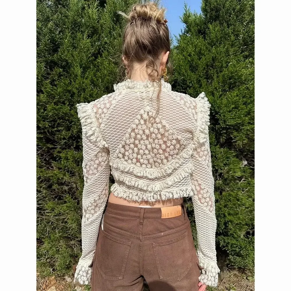 

Embroidered Lace Hook Flower Long Sleeve Shirt Women Tops Spring And Autumn New Elegant Thin Short Slim Blouse Women Clothing