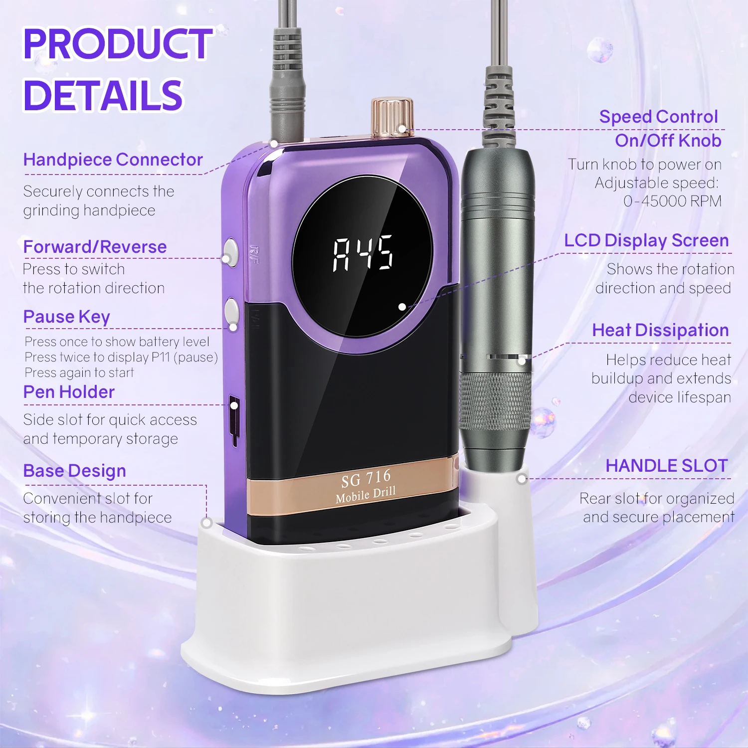 Lima per unghie elettrica 45000 giri/min Lucidatrice per unghie professionale Lima per levigatrice per unghie ricaricabile a basso rumore per salone di manicure