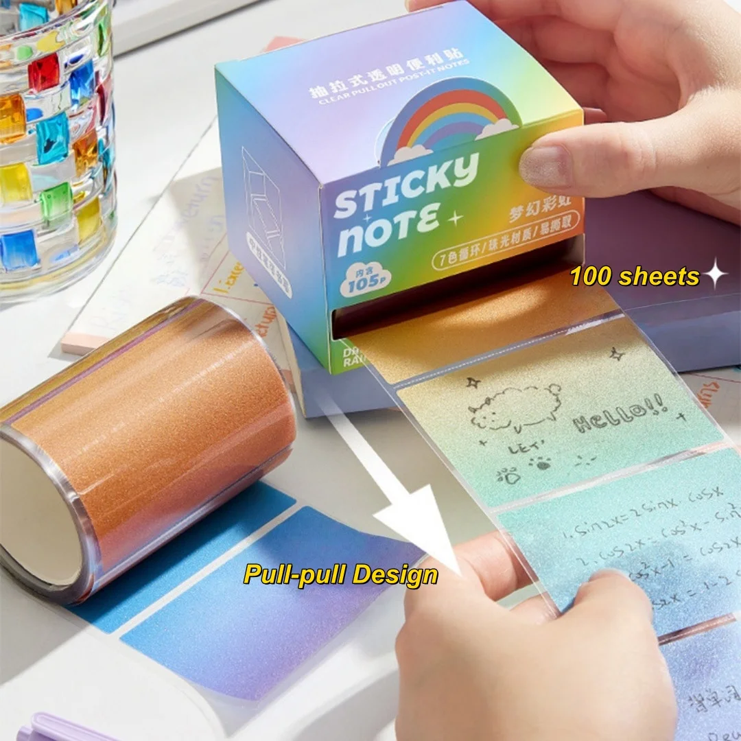 105 Sheets Pearlescent Transparent Pull-out Sticky Notes Drawer-style Re-stickable Sticky Notepad Note Memo Pad Stationery