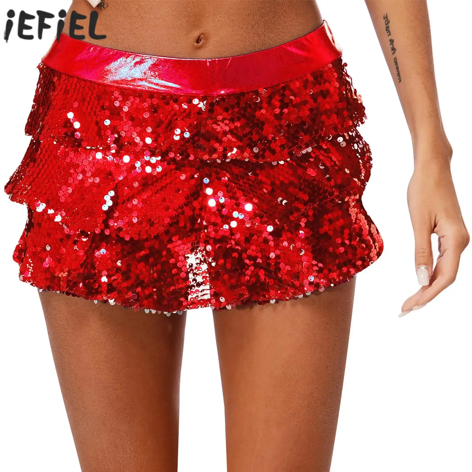 Womens Sequins Shiny Mini Skirts Shorts Metallic Elastic Waistband Ruffles Culottes Latin Jazz Dance Stage Performance Costume