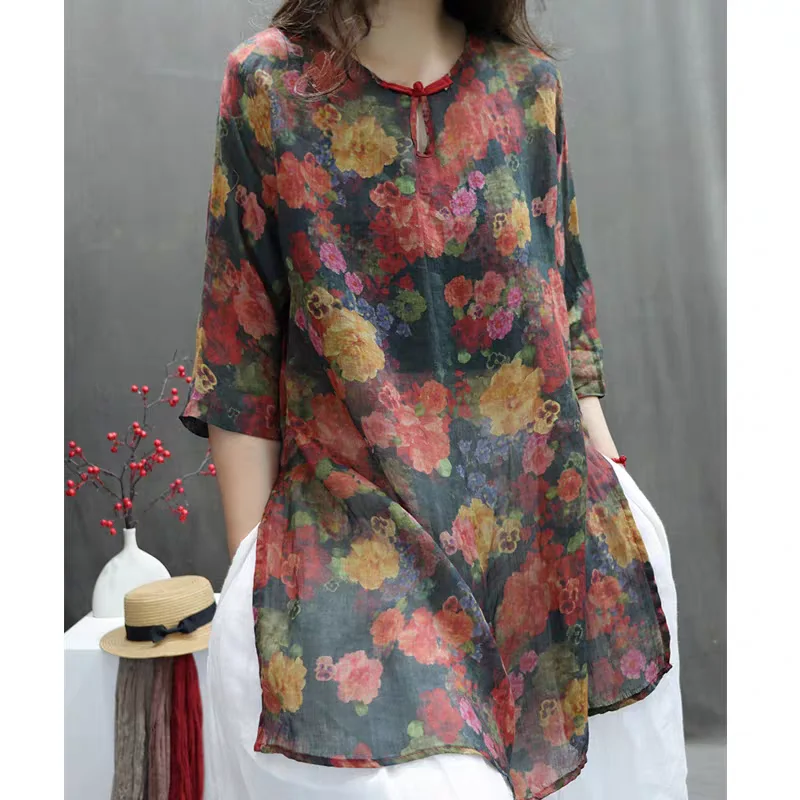 

Cotton Linen Shirt Mid-length Casual Slim Top Summer Fashionable Printed Tray Button
