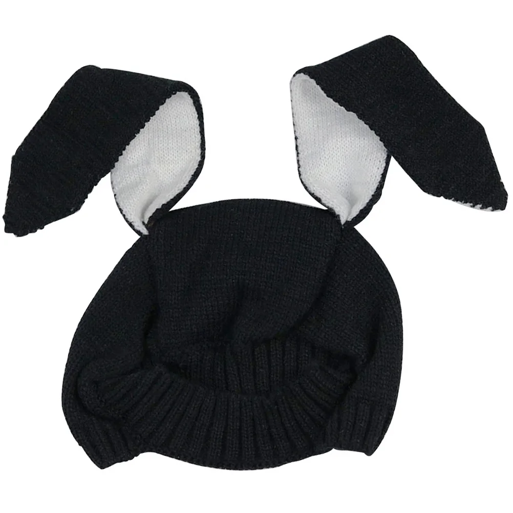 

Rabbit Ear Knitted Hat Kids Warm Hats Infant Muffs Black 25x25cm Winter Fashion Stretchy Durable Skin Friendly Patchwork Color