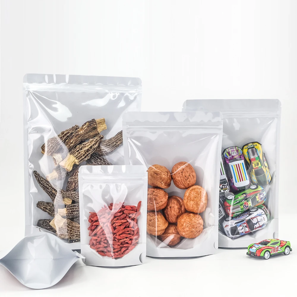 100pcs White Stand-up Pouch with 1-side-transparent Self-sealing Packaging Bags for Flour Food Grains Peanut Nuts