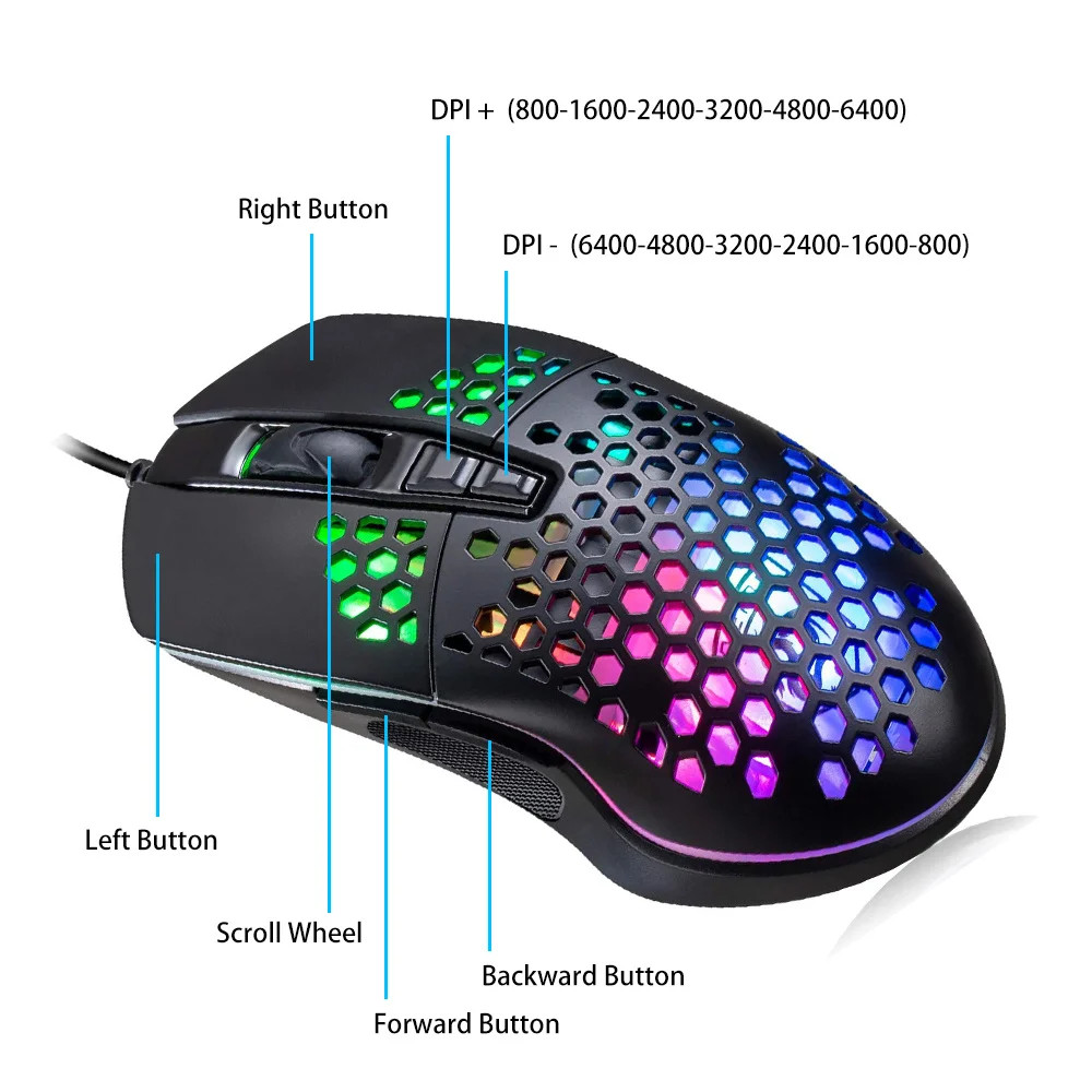 RGB Gaming Mouse 6400DPI Optical Honeycomb Shell Mouse 7 Buttons Ergonomics Mice LED Glow USB Wired Mause For PC Laptop Office