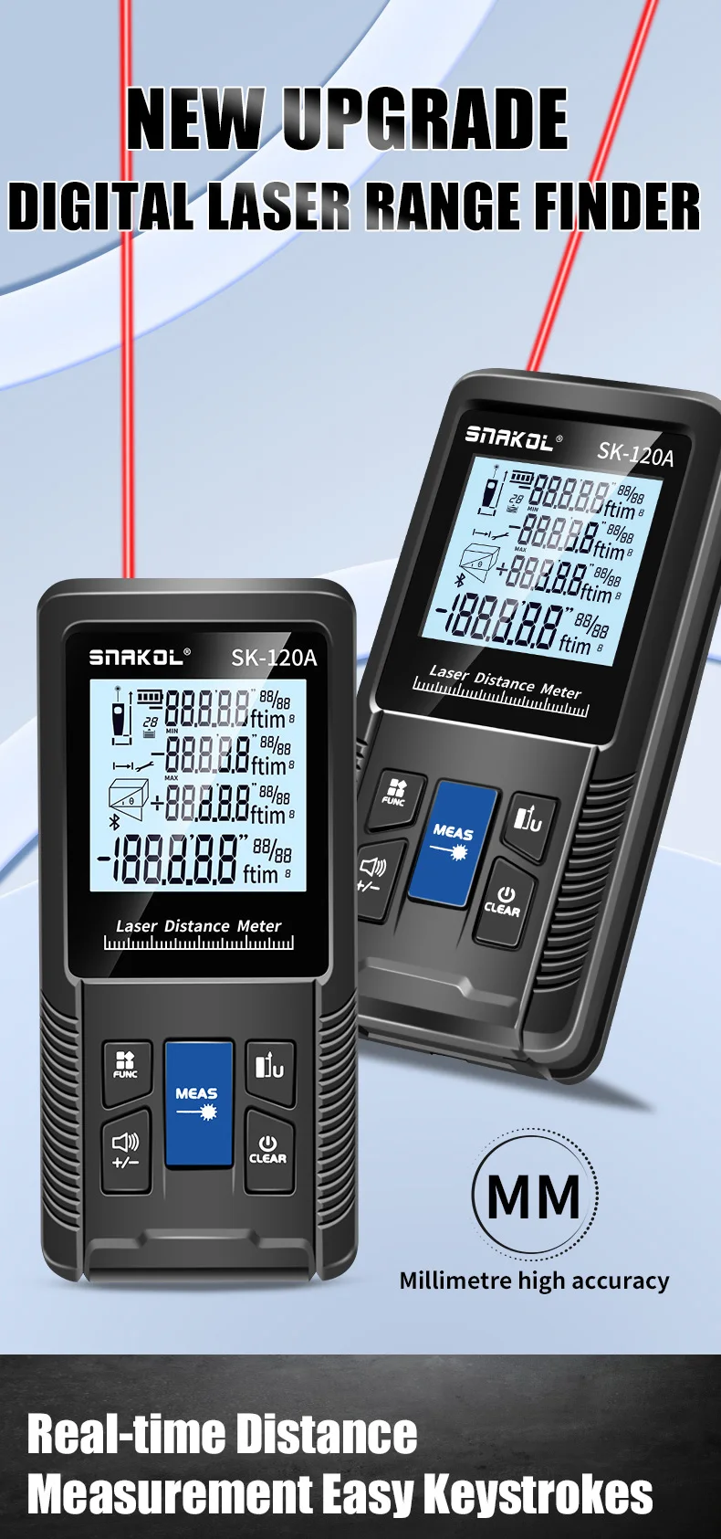 SNAKOL 3-in-1 Laser-Entfernungsmesser mit Maßband: 40/50/70/100/120m Digitaler Distanzmesser, Tragbares Elektronisches Messwerkzeug – Detail 1