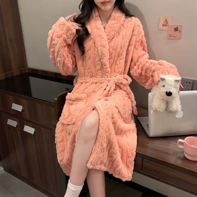 

2025 зимнее толстое теплое фланелевое кимоно с длинными рукавами для женщин, корейский коралловый бархатный халат, одежда для сна, ночная рубашка, ночное платье
