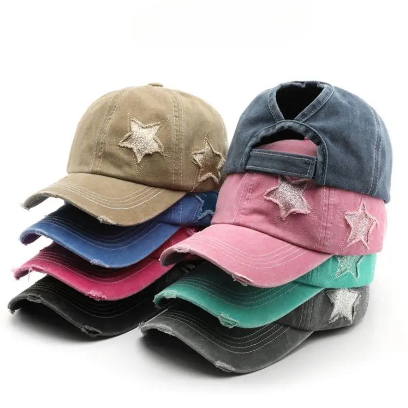 

Vintage Star Embroidery Baseball Cap Adjustable Outdoor Snapback Hat Washed Cotton Hollow Out Tail High Ponytail Hip Hop Hats