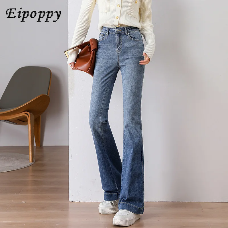 Denim Pants Elastic Mid-Waist Simple and Thin Contrast Color Horseshoe Jeans for Women Bell-Bottom Pants