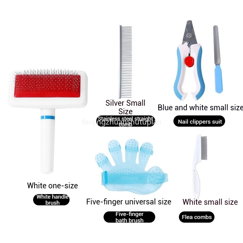 Ensembles de toilettage pour animaux de compagnie, coupe-ongles, peignes à puces, gants d'épilation, avec dents longues et courtes en acier inoxydable, fournitures pour animaux de compagnie, 7 pièces
