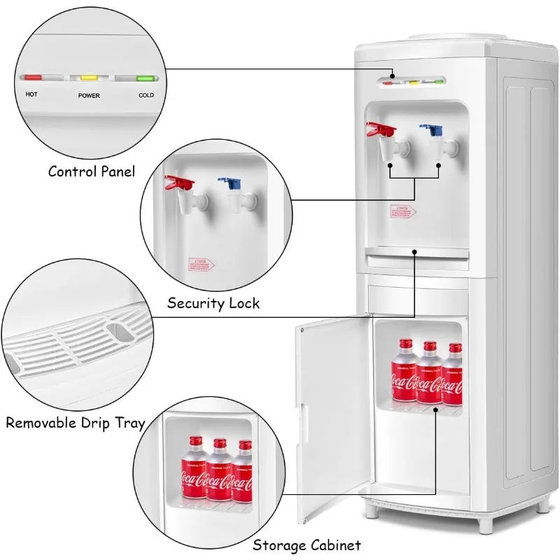 Dispensador de refrigerador de água de carregamento superior Giantex 5 galões de temperatura normal de água e casa elétrica quente com armário de armazenamento, branco