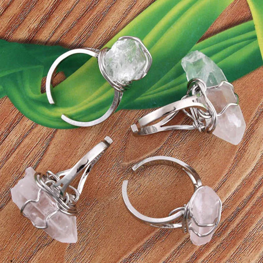 Wire Wrapped Natural Raw Irregular Rock Crystal Quartz Pillar Stone Resizable Size Finger Ring  Women Girls Jewelry Gifts