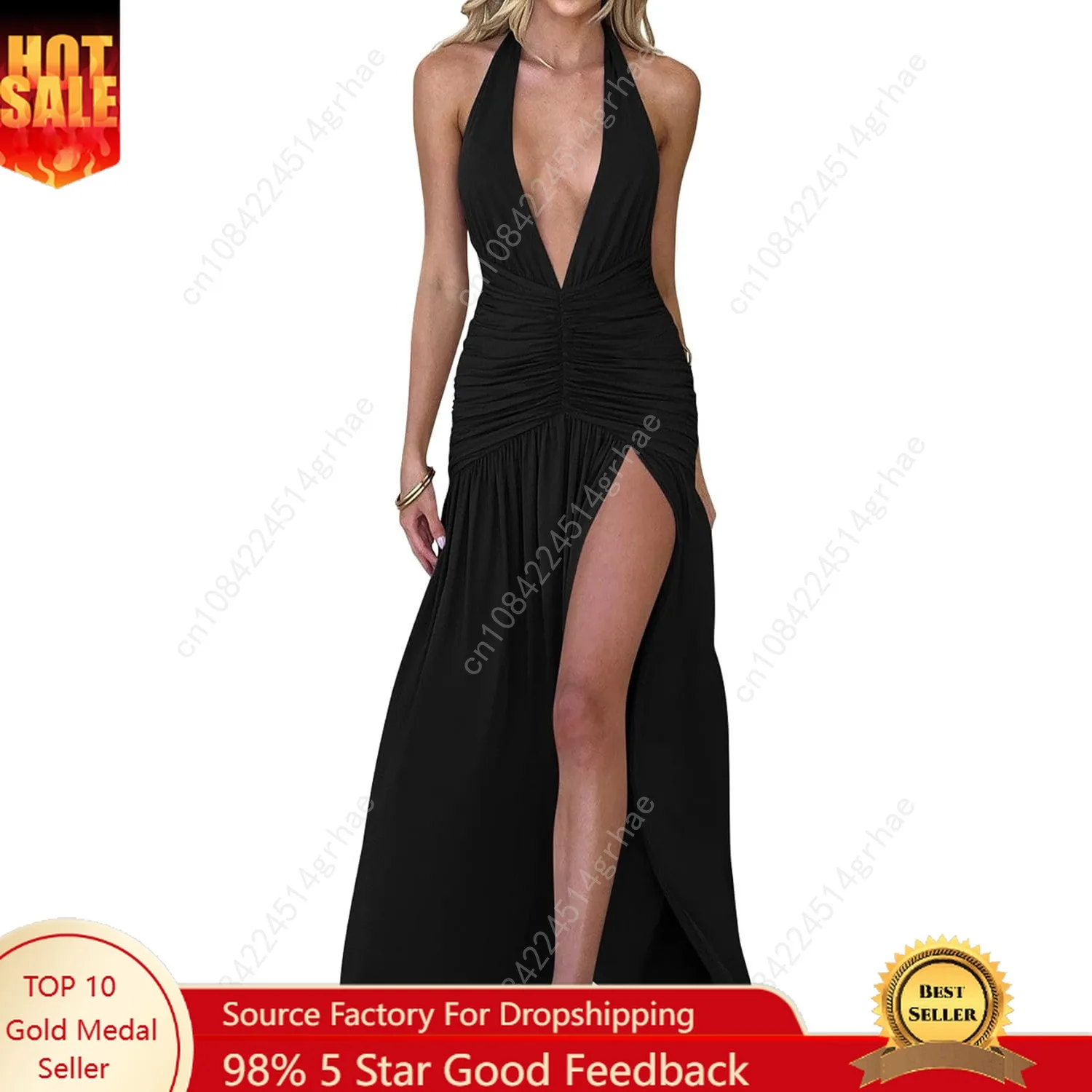 

Women's Sexy Halter Deep V Neck High Slit Ruched Party Cocktail Maxi Dress