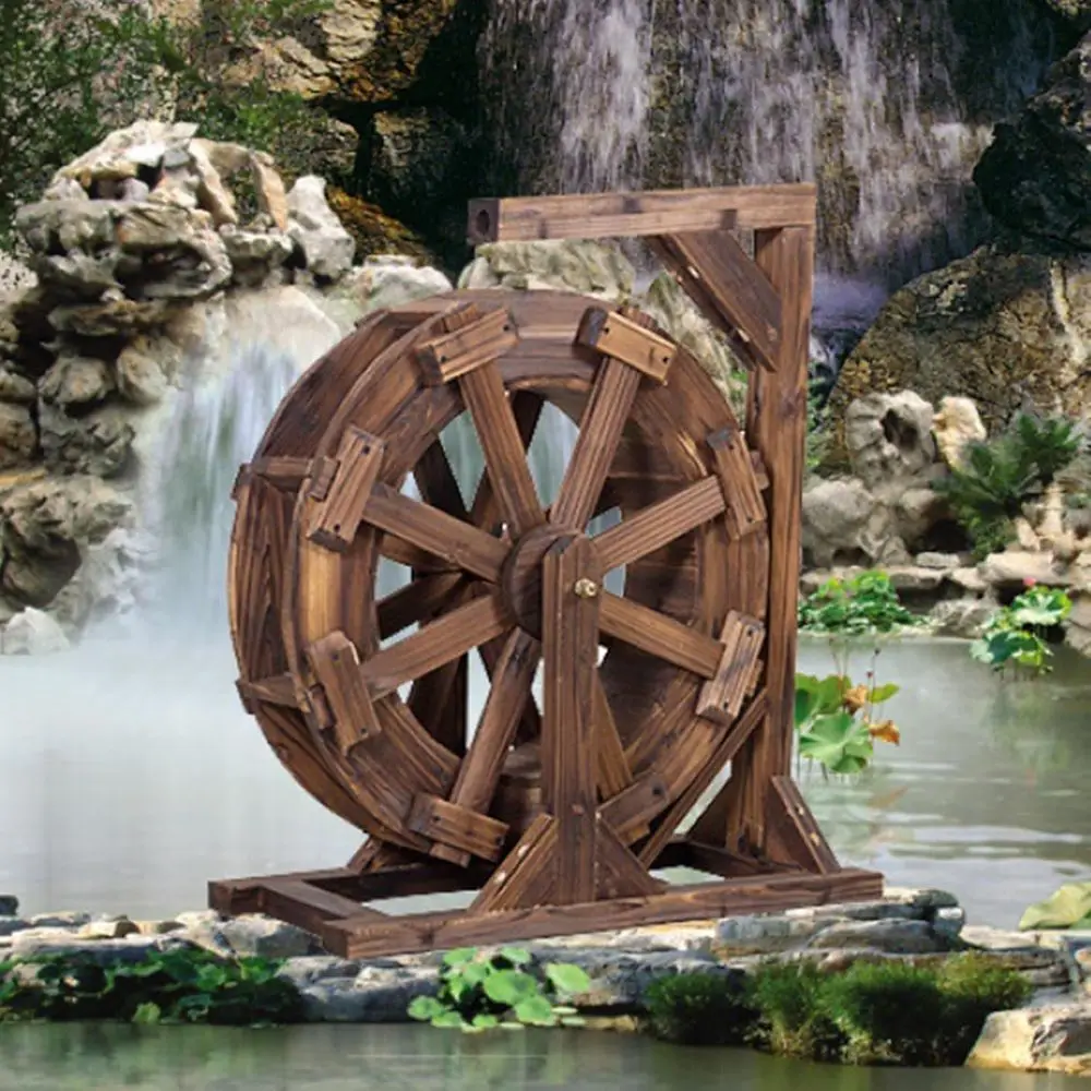 

Vintage Rustic Wooden Water Wheel Fountain for Outdoor Garden and Patio Pond Pool, Ornamental Garden Feature