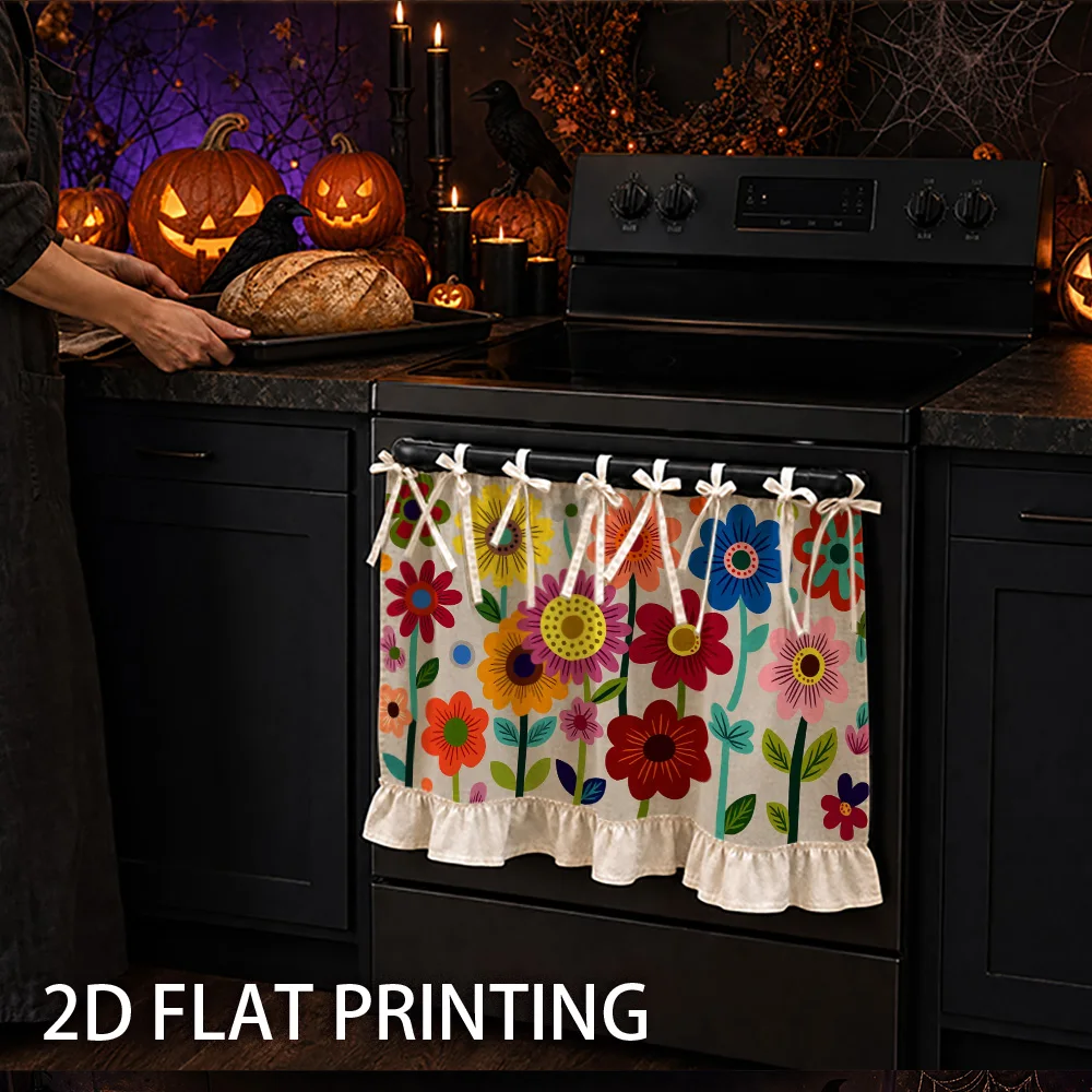 1PC kitchen stove curtain, cabinet curtain, apron. Features a 2D graphic print design with colorful flower prints. Can be used a