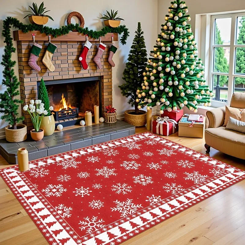 1pc Large Red Christmas Area Rug with Snowflake & Reindeer Silhouette Pattern, Rectangular Seasonal Indoor Festive Accent Decor