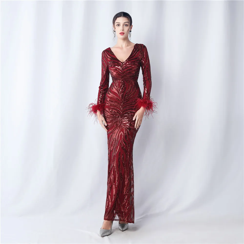 Sladuo Evening Fashion Dress For Women Winter Elegant Sexy V Neck Long Sleeve Maxi Dress Celebrity Night Club Party Sequin Dress