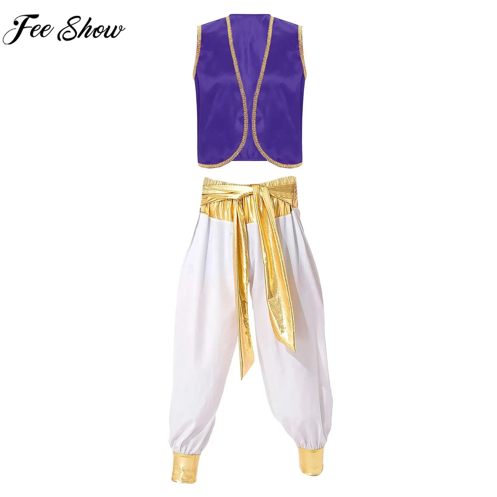 Men Halloween Theme Party Fairy Tales Arabian Prince Cosplay Performance Costume Sleeveless Vest Waistcoat Cardigan with Pants