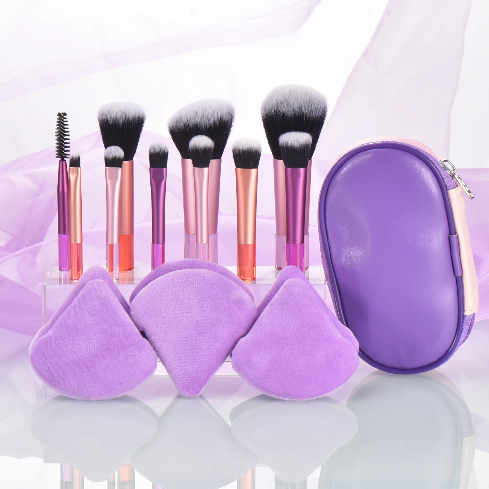 KOSMETYKI 10 mini polychrome makeup brush Palm brush -6 makeup puff Travel portable makeup tool set