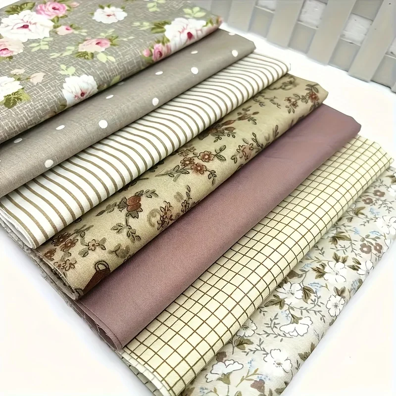 7pcs Vintage Cotton Fabrics Featuring Beautiful Floral, Checkered, Striped, and Polka Dot Patterns, Handmade DIY Fabrics