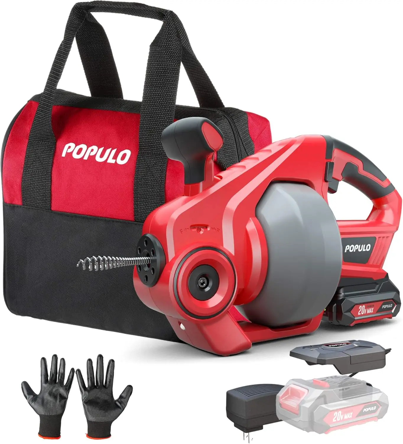 

POPULO 20V Cordless Electric Drain Auger-Efficient 25Ft Auto-Feed Drain Snake with Replaceable Cable,2.0Ah Battery,Charger,Stora