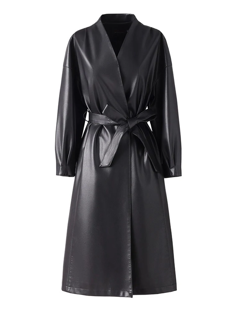 Nuovo Donne Split Cappotto in pelle Primavera Autunno Moda Scollo a V Manica lunga Allacciatura Trench sottile Casual Lunga Pelle Capispalla Femmina