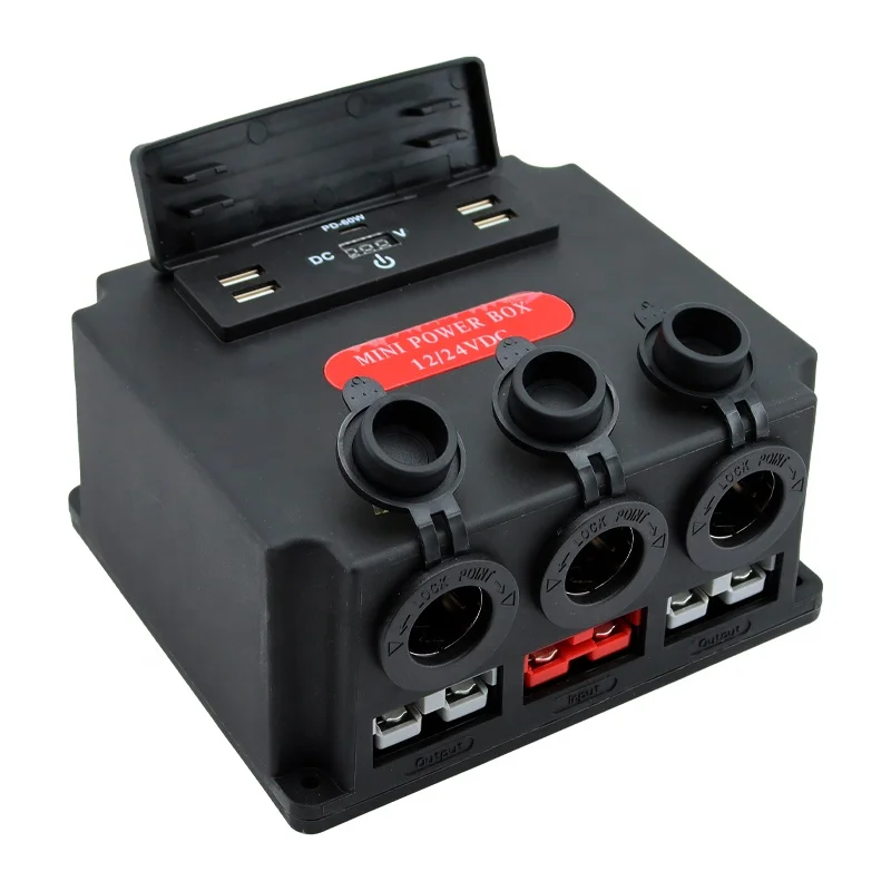 Camping Mini Power Box Control Box with 4 USB +1Type C with Ander Connector +3 Cigarette Lighter Socket and Voltage Display