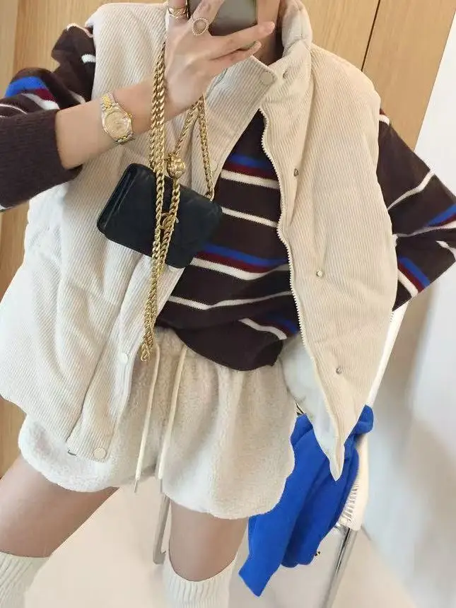 

Korean Sle Corduroy Cotton Vest Women's Winter New Faion Stand Collar Loose Design Sense Jaet Outerwear for Ladies