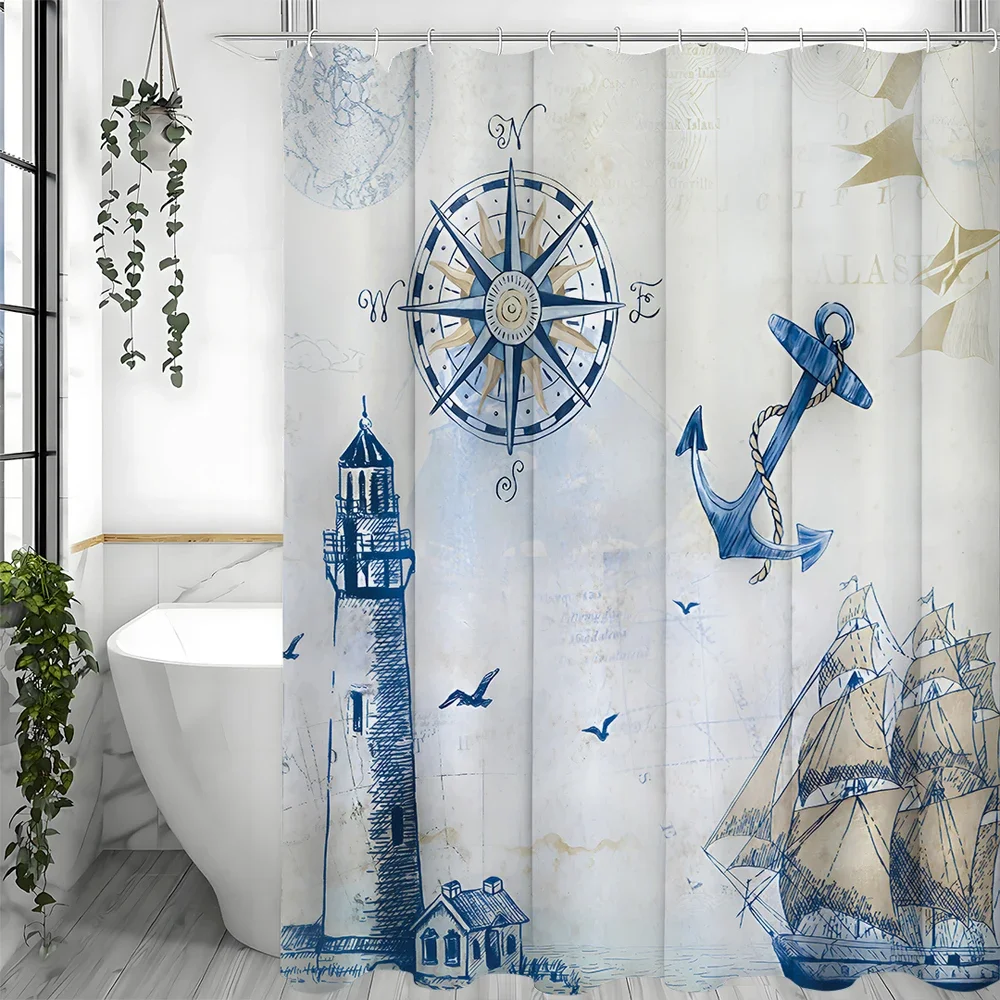 Faro costero de velero náutico, brújula, cortina de ducha con ancla, cortina de ducha decorativa para baño, cortina de ducha impermeable