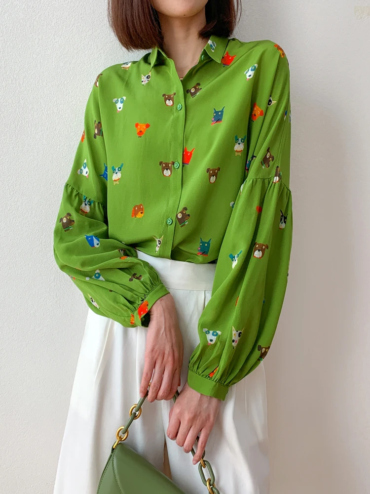 SuyaDream Woman Printed Shirts 100%Mulberry Silk Turn Down Collar Lantern Sleeves Blouses 2023 Spring Summer Green Top