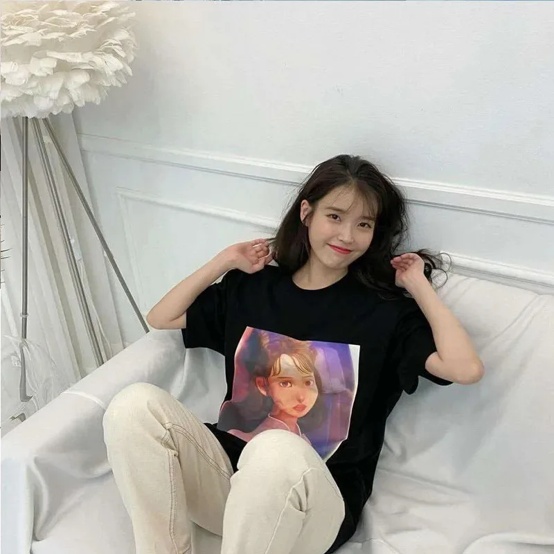 K pop kpop iu novo hit canção oito imagem dos desenhos animados impressão o pescoço casual t camisa para o estilo de verão unise