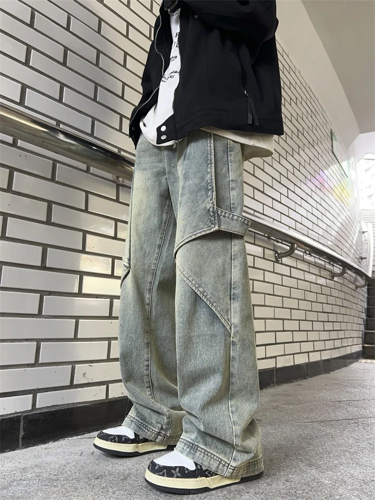 

Men's Workwear Wide Leg Straight Cut Jeans Mud Yellow Casual Loose Fit Autumn Fashion High Street Design Sensation Brand