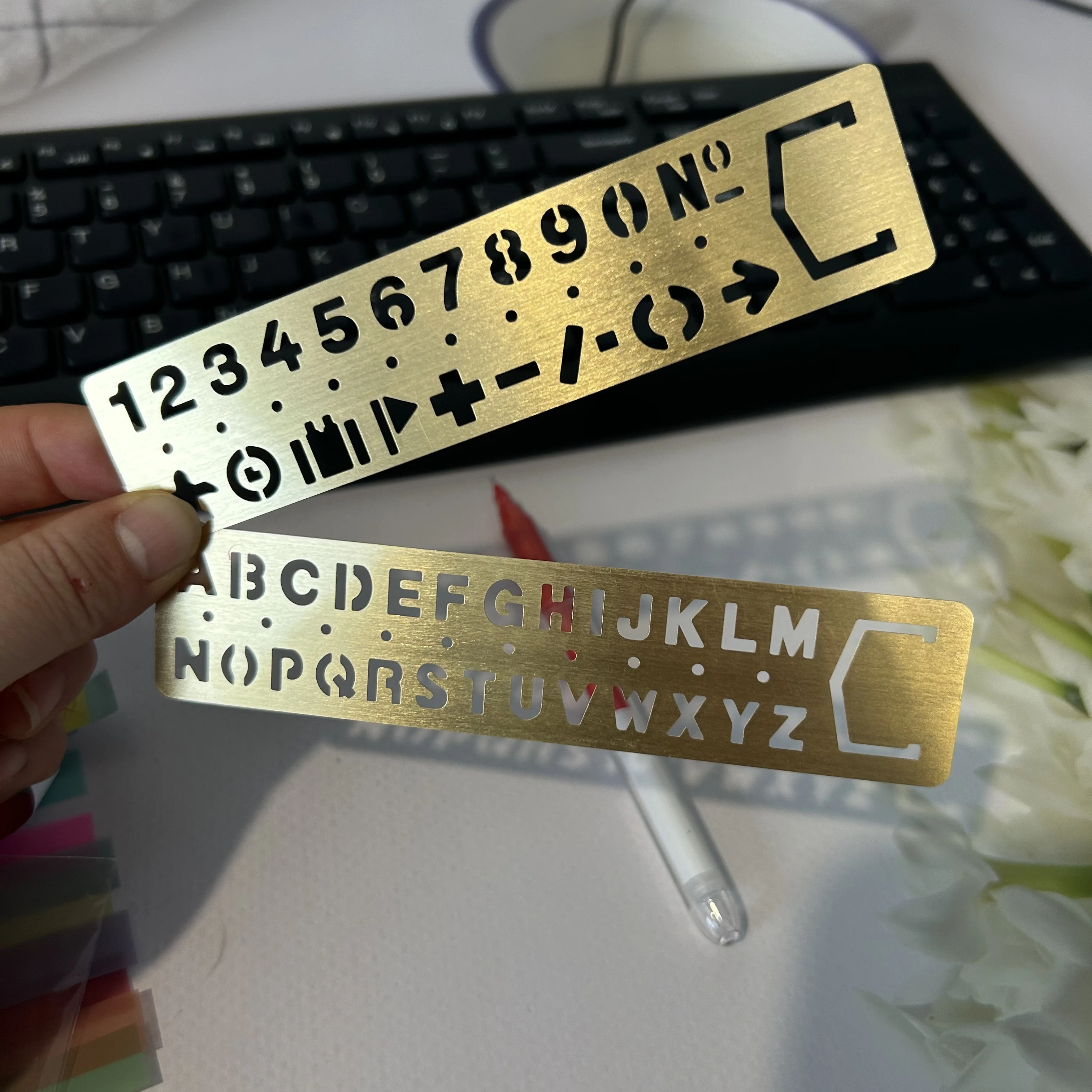 Metal Craft Stencils Hollow Out Straight Ruler Number Letter Pattern Bookmark Cute Stationery Painting Drawing Measuring Tool
