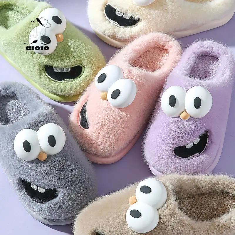 

Home Cotton Slippers Female Big Eye Dog Cartoon Warm Couple Fluffy Shoes Embroidery Funny Thick Bottom Autumn Winter Cotton Drag