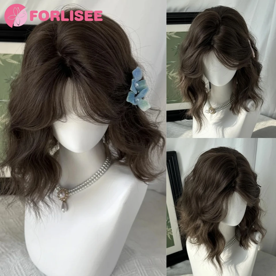

Brown Short Curly Bob Synthetic Wigs with Bangs Lolita Cosplay Wigs for Women Daily Party Cosplay Heat Resistant