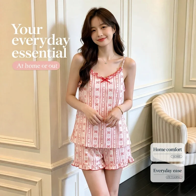 Women's Pink Bow Print Cami and Shorts Pajama Set with Removable Bust Pads, Lightweight Summer Loungewear