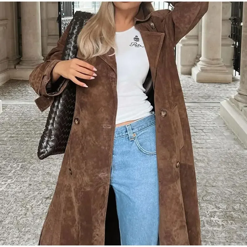 Suede Leather Long Windbreaker Coat for Lady, Full Sleeved Overcoat, High Street Outwear, Fashionable Belt, Brown, Autumn and Wi