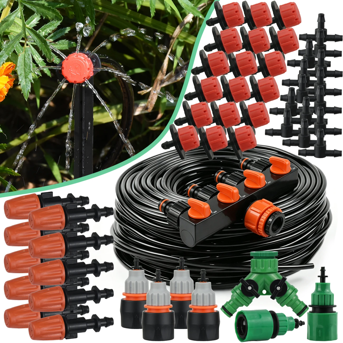 Garden 5-30M Drip Irrigation Automatic Watering System Kit 1/4'' Hose Sprinkler for Bonsai Pot Plant Flower Vegetable Greenhouse