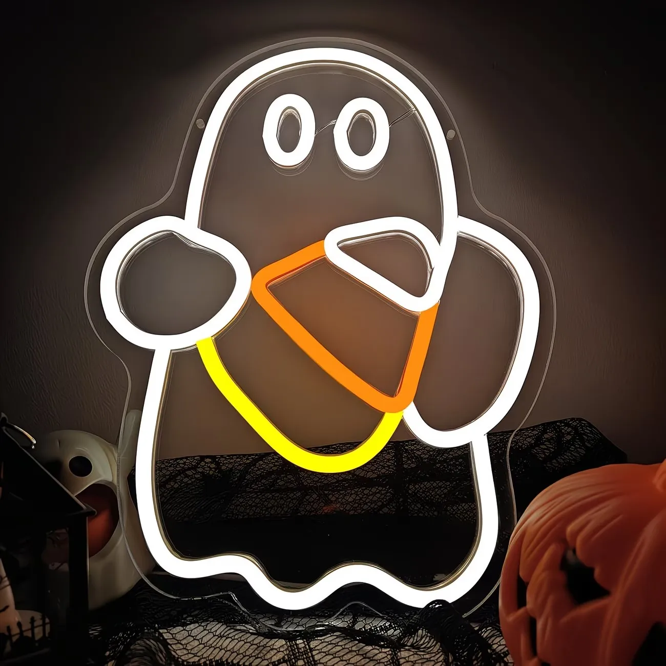 Ghost Candy Corn LED Neon Wall Sign USB Dimmable Light Halloween Atmosphere Lamp For Bar Cafe Store Home Wall Decoration