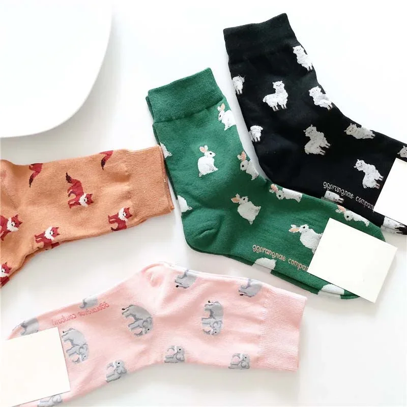 Nueva llegada primavera otoño Casual estilo coreano mujeres dibujos animados fruta Animal zorro elefante conejo oveja algodón marea calcetines cortos