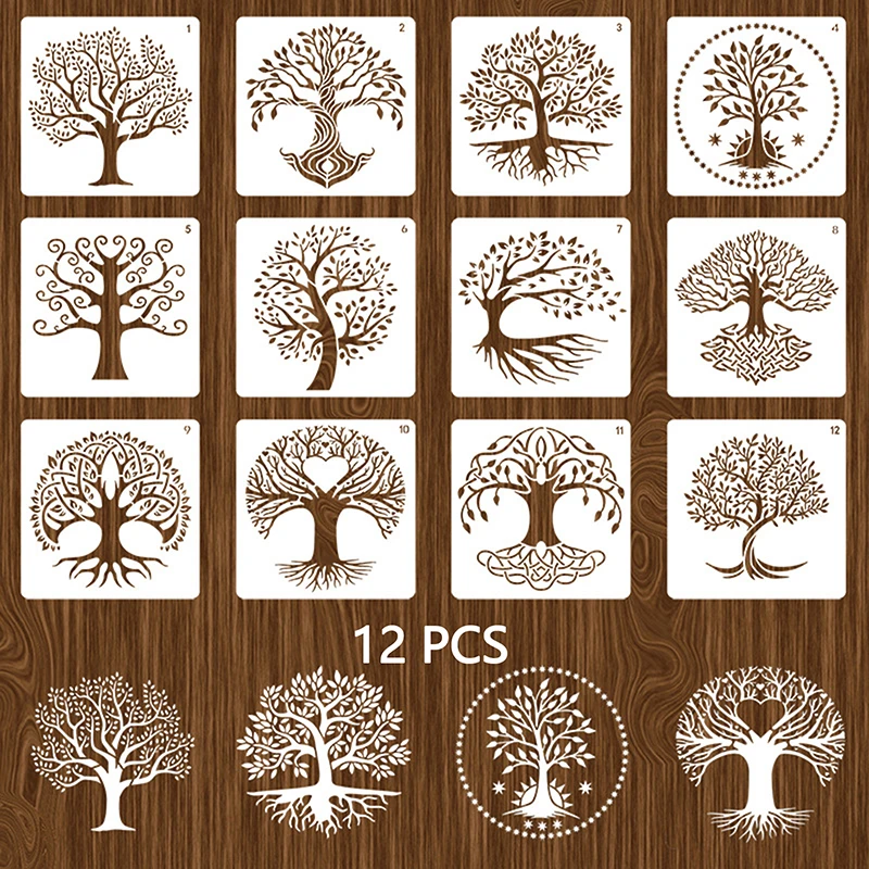 12Pcs Reusable Tree Stencils Set Tree Of Life Stencil For Painting On Wood Airbrush Drawing Templates Crafts Drawing Stencils