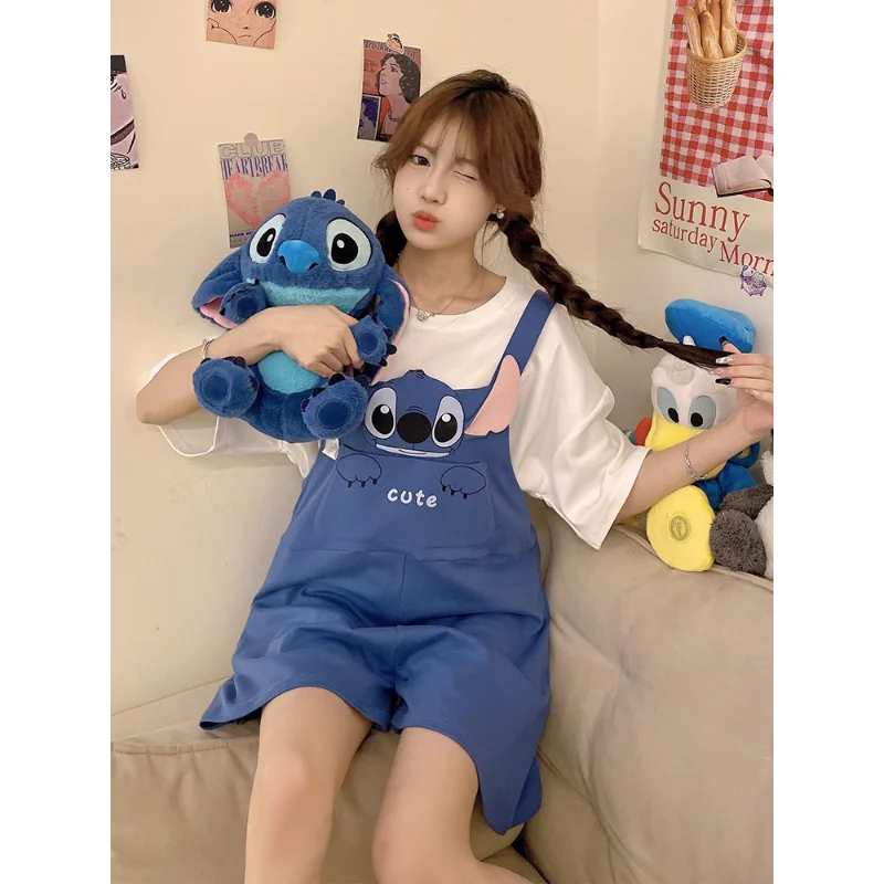 Disney Stitch pajamas summer new cute cartoon straps cotton short sleeves can be worn outside loungewear casual loose suit