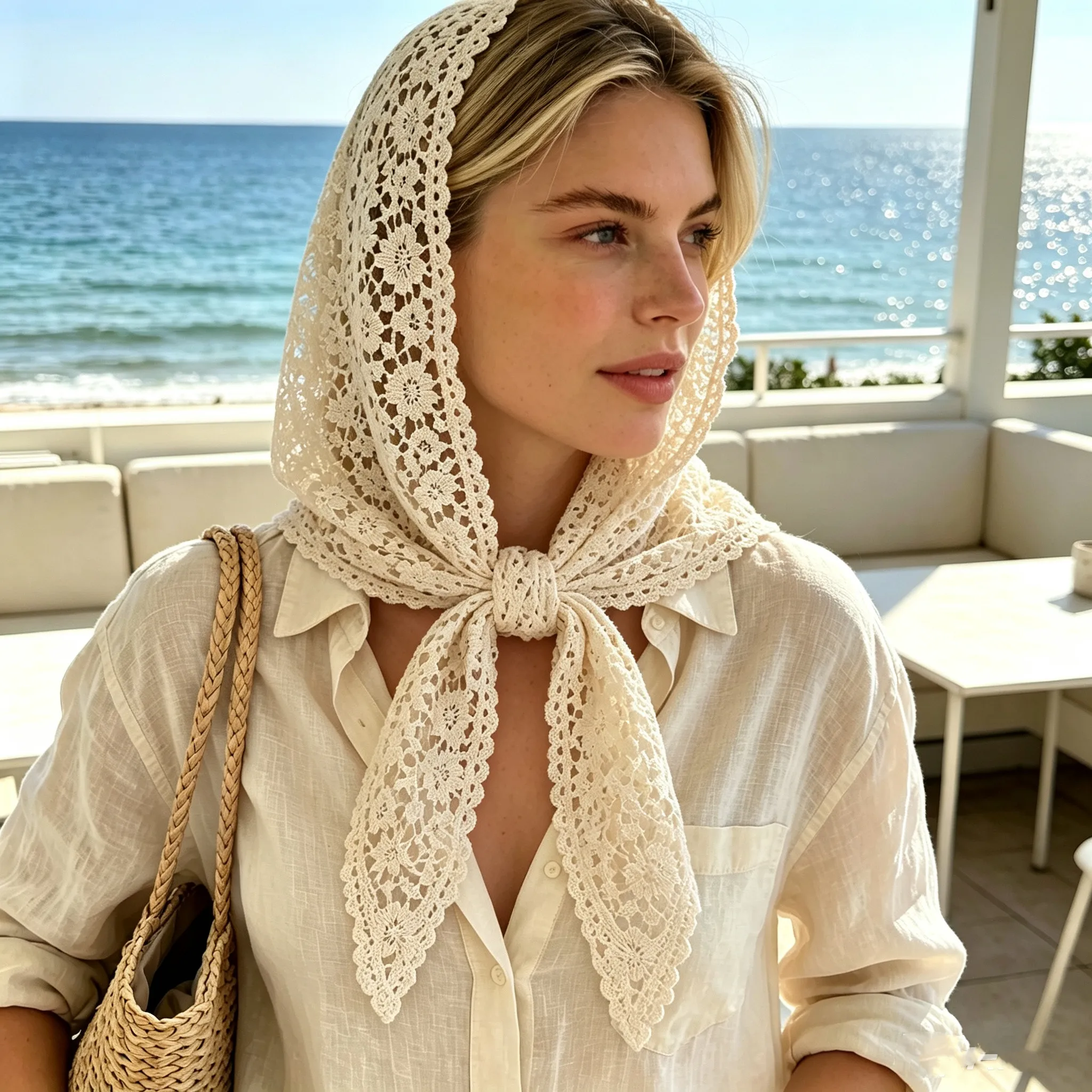 Floral Lace Bandana For Women Vintage Crochet Lace Triangle Scarf Boho Summer Beach Headscarf Irregular Butt Curtain Accessory