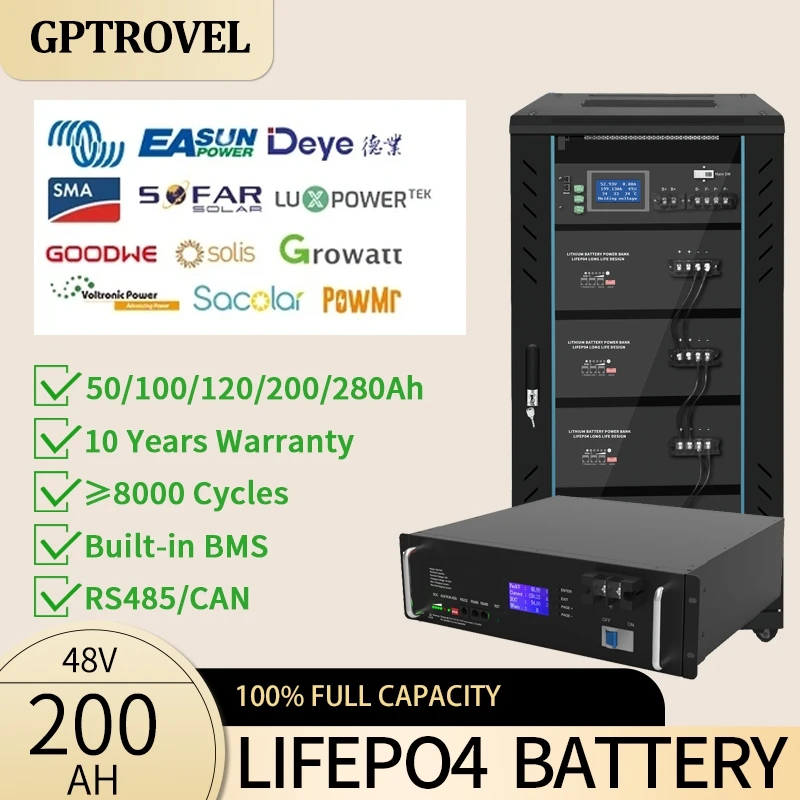 

100% Full Capacity 48V 50Ah/100Ah/200Ah/280Ah Brand New Grade A LiFePO4 Battery Pack 10KWh Built-in BMS Solar Energy Storage