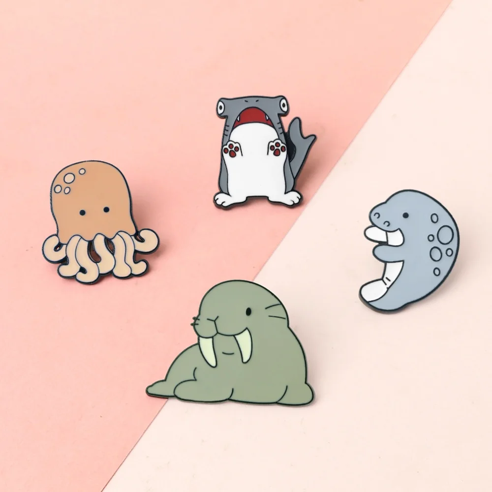 Cartoon Marine Animals Enamel Pin Cute Shark Squid Dolphin Walruse Brooches Lapel Badge Ocean Creature Jewelry Gifts for Friends