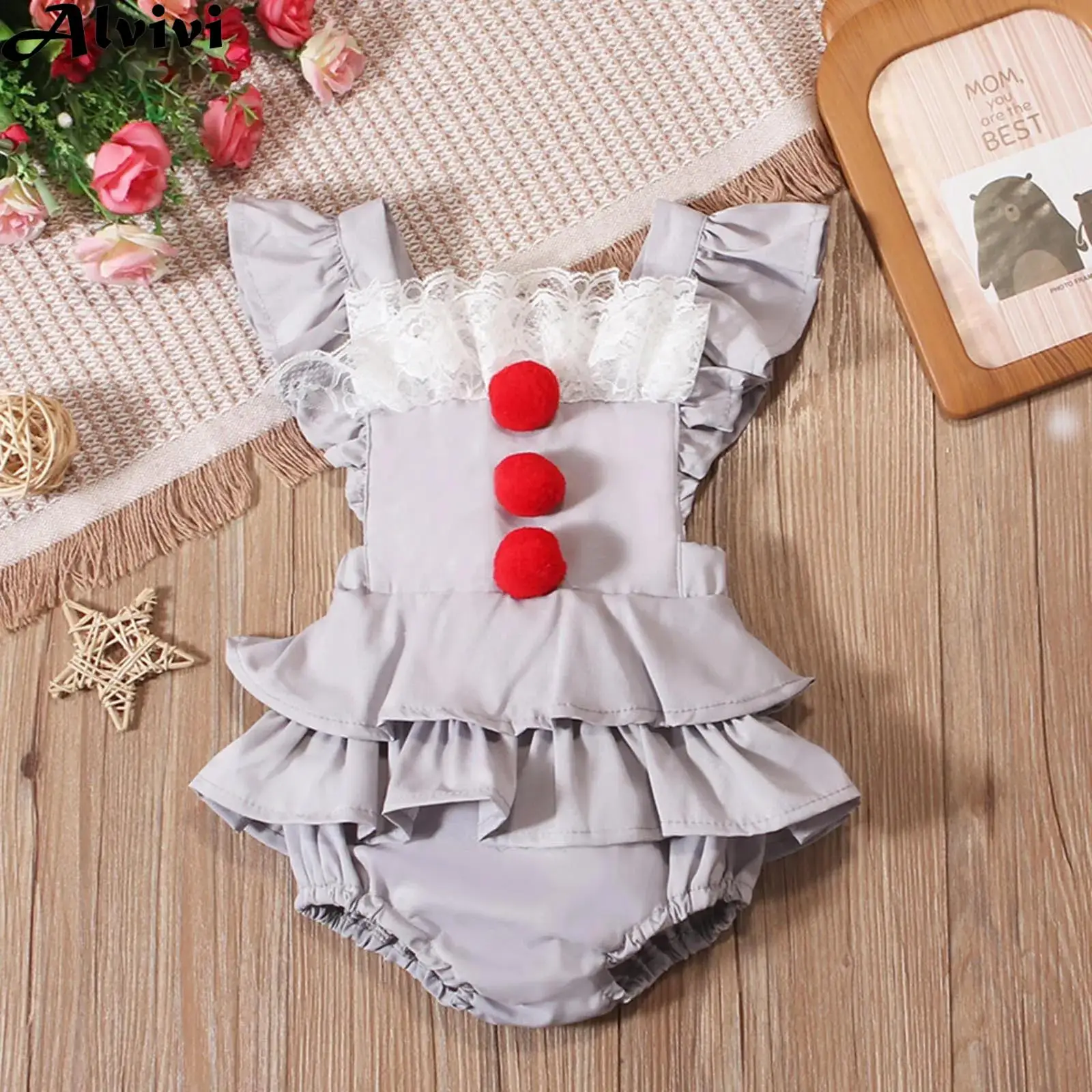 Infant Lace Red Bobbles Ruffle Circus Clown Romper Funny Joker Cosplay Costume for Halloween Theme Party Festival Photography