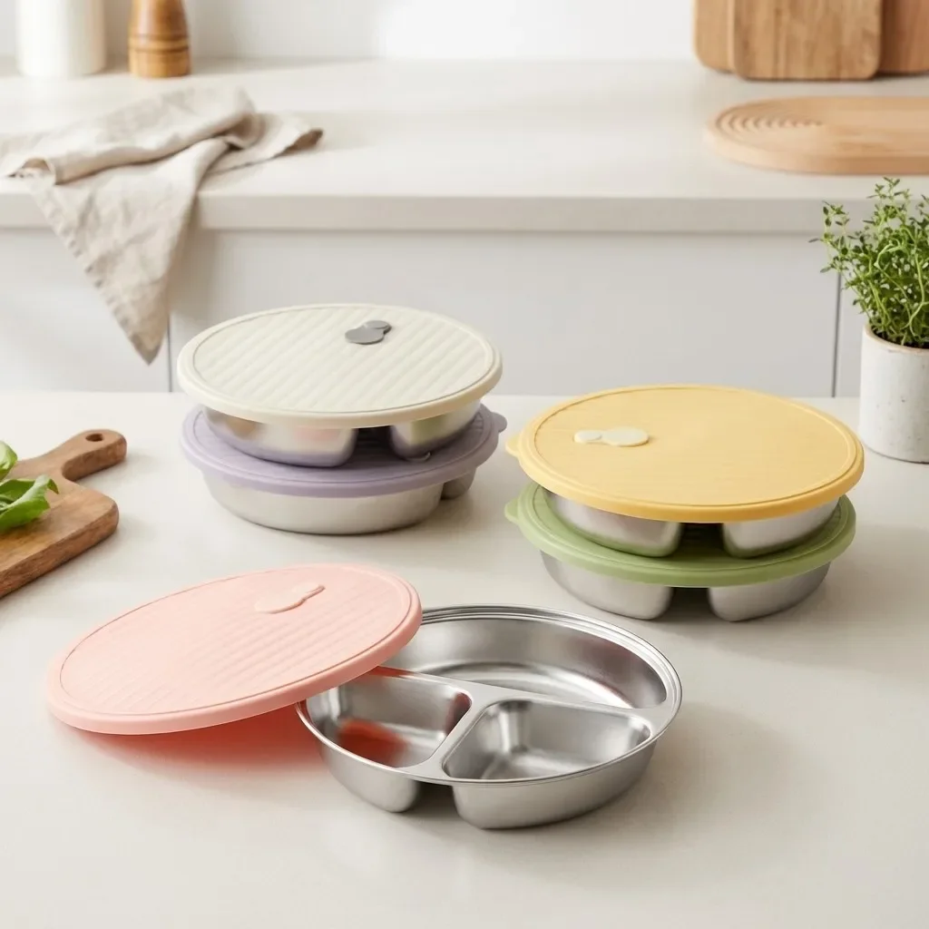 Reusable Round Deepen Dinning Plate 3 Grids 304 Stainless Steel Food Plate Dish Durable Salad Plate With Lid Dishwasher Safe