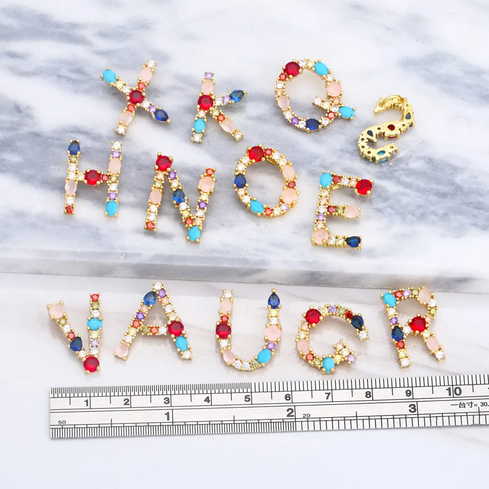 OCESRIO Rainbow Crystal Letter Pendant for Jewelry Making Genuine Gold Plated Copper Zircon Accessories for Jewelry pdta629